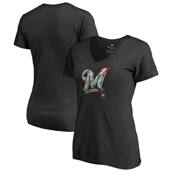 2020 MLB Milwaukee Brewers Fanatics Branded Women Lovely VNeck TShirt  Black->nhl t-shirts->Sports Accessory